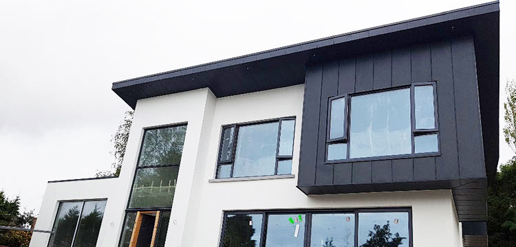 TATA Colorcoat Urban metal roof and vertical installation and Alkorplan 35176 reinforced pvc on private house