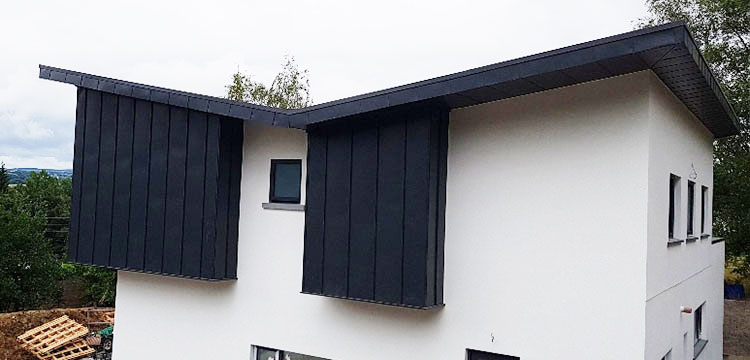 TATA Colorcoat Urban metal roof and vertical installation and Alkorplan 35176 reinforced pvc on private house