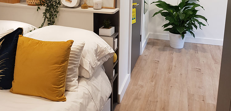 Contemporary designed student accommodation with new LVT Imperial FLoors by Laydex in Nordic Maple finish