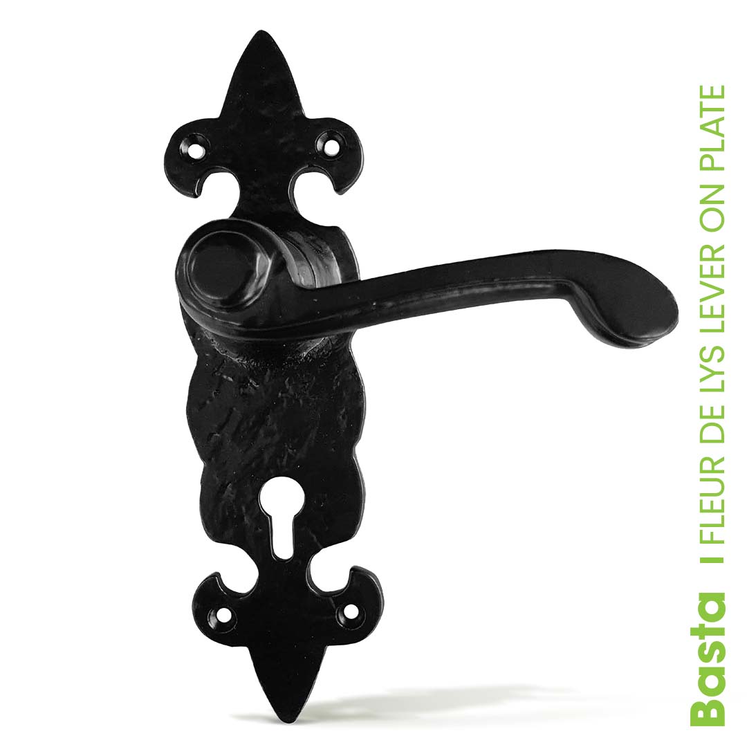 BASTA BLACK ANTIQUE FLEUR DE LYS LEVER ON PLATE